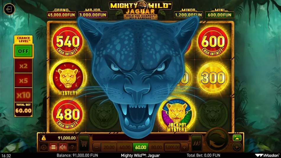 Mighty Wild Jaguar base game grid with sticky Cash Infinity symbol